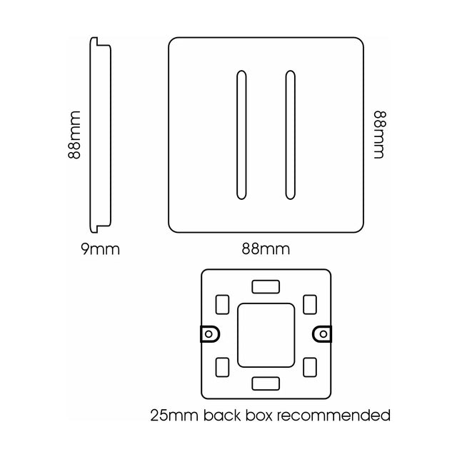 Technical line drawing of a 2 Gang Doorbell in Carbon Fibre showing front, side, and back views with two vertical chrome rockers, 88x88mm screwless plate, 9mm depth, and mounting back box layout.