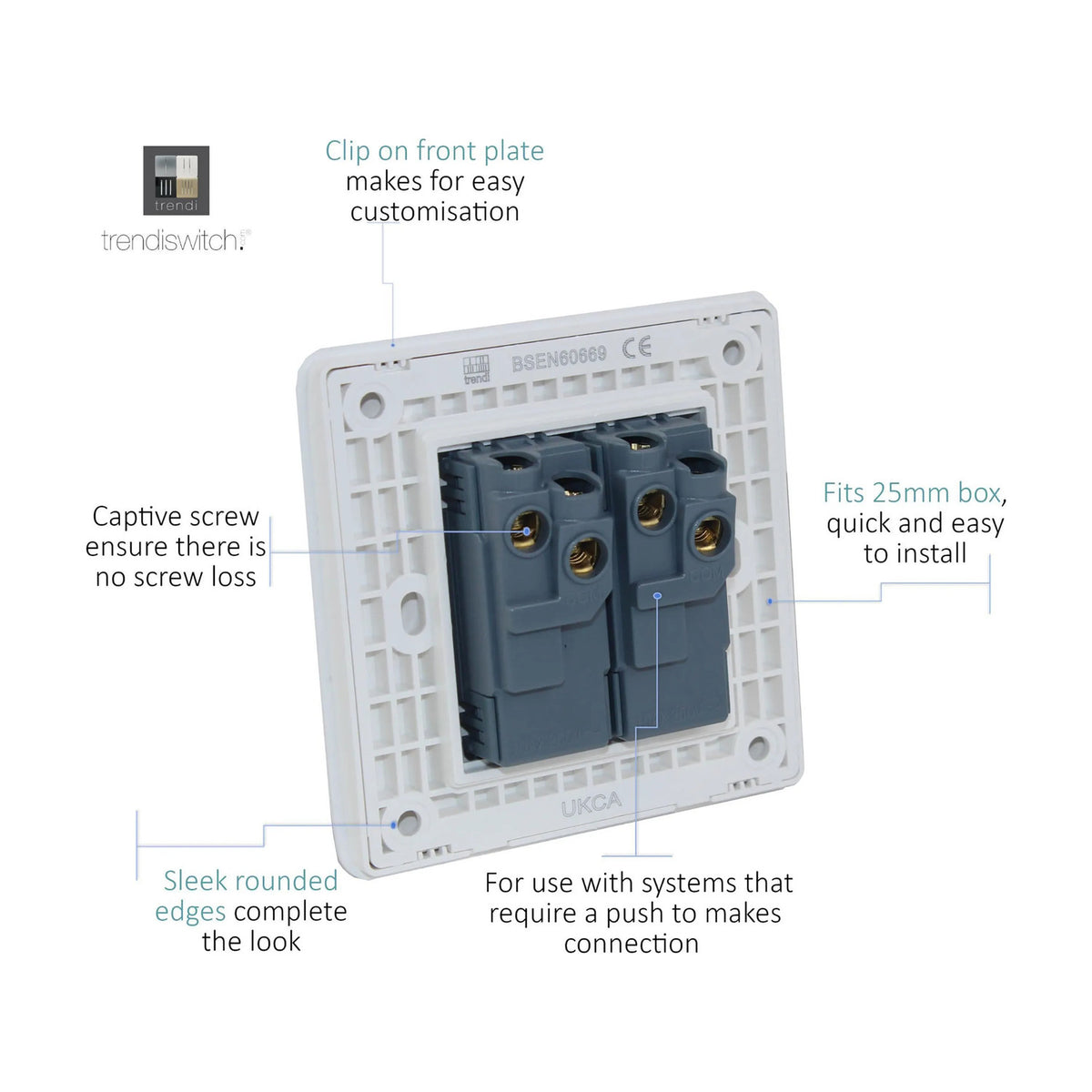 Rear view of a 2 Gang Doorbell switch plate in Carbon Fibre, showing the screwless white backplate with two grey push-connect terminal blocks and captive screw fixings on a plain background.
