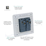 Rear view of a 2 Gang Doorbell switch plate in Carbon Fibre, showing the screwless white backplate with two grey push-connect terminal blocks and captive screw fixings on a plain background.
