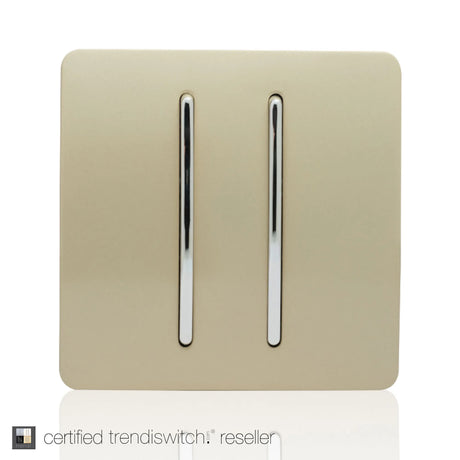 2 Gang Doorbell in champagne gold with two vertical chrome bell push inserts on a screwless square plate, shown on a plain white background.