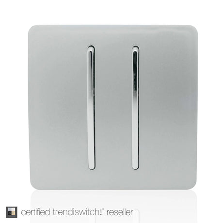 2 Gang Doorbell in platinum silver, screwless square front plate with two vertical chrome rocker pushes, shown on a plain white background.