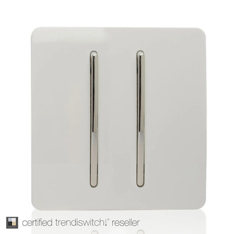 2 Gang Doorbell in Ice White, screwless square plate with two rocker pushes and chrome insert trim, shown on a plain white background.