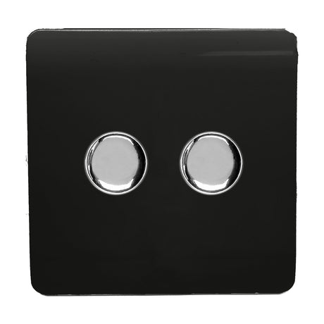 2 Gang 2 Way Dimmer Switch in Piano Black with a screwless square plate and two round chrome rotary knobs, shown on a plain white background.
