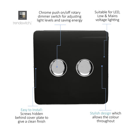 Square screwless 2 gang 2 way dimmer switch in gloss piano black with two round chrome push on/off rotary knobs, shown on a white background with feature callouts.