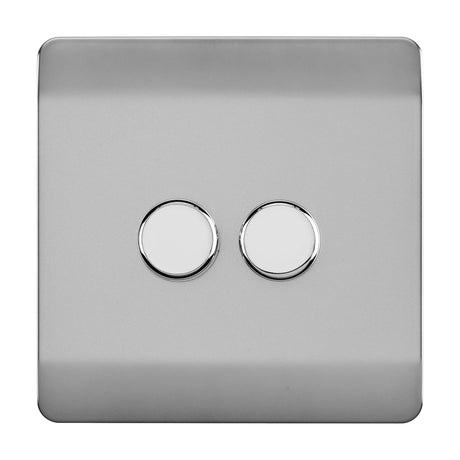 2 Gang 2 Way Dimmer Switch in brushed steel with a screwless square plate and two round chrome rotary knobs, shown on a plain white background.