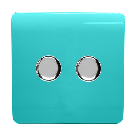 2 Gang 2 Way Dimmer Switch in bright teal with a screwless polycarbonate plate and two chrome rotary knobs, shown on a plain white background.