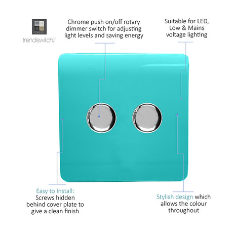 2 Gang 2 Way Dimmer Switch in bright teal with a screwless plate and two chrome push on/off rotary dial controls, shown with feature callouts on a white background.