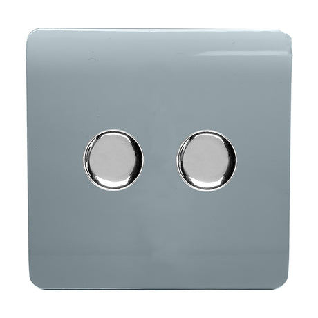 2 Gang 2 Way Dimmer Switch in cool grey with a flat screwless plate and two chrome rotary knobs, shown on a plain white background.