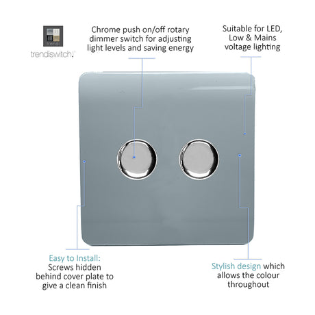 2 Gang 2 Way Dimmer Switch in cool grey with a screwless flat plate and two chrome push on/off rotary knobs, shown with labelled feature callouts on a white background.