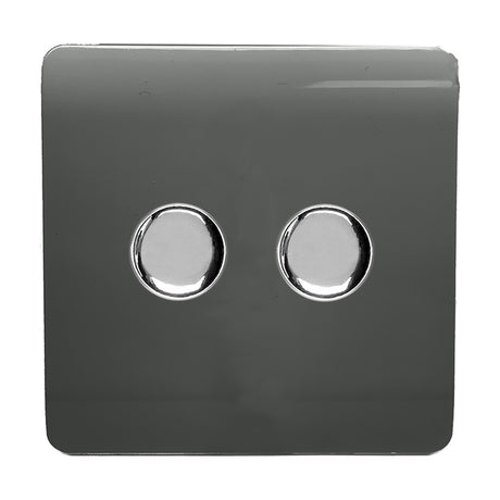 2 Gang 2 Way Dimmer Switch in charcoal, screwless flat plate with two round chrome rotary knobs, on a plain white background.