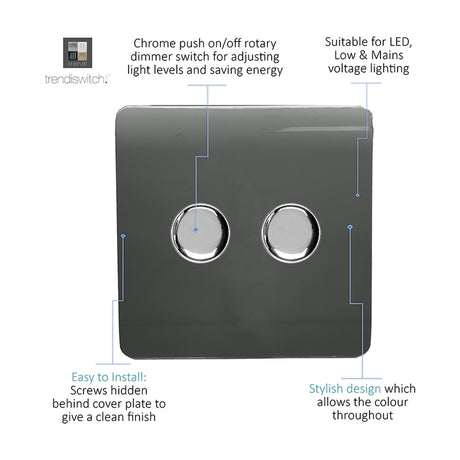 2 Gang 2 Way Dimmer Switch in charcoal with two round chrome rotary push on/off knobs on a screwless flat plate, shown with labelled feature callouts on a white background.
