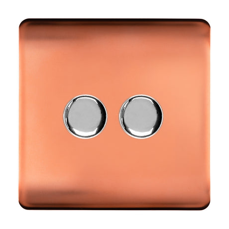 2 Gang 2 Way Dimmer Switch in copper with screwless square plate and two chrome rotary knobs, shown on a plain white background.