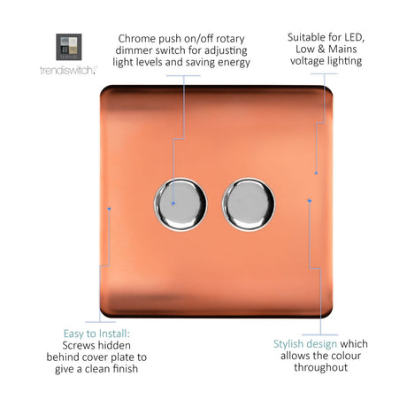 2 Gang 2 Way Dimmer Switch in copper with a screwless square plate and two chrome push on/off rotary knobs, shown on a white background with feature callouts.