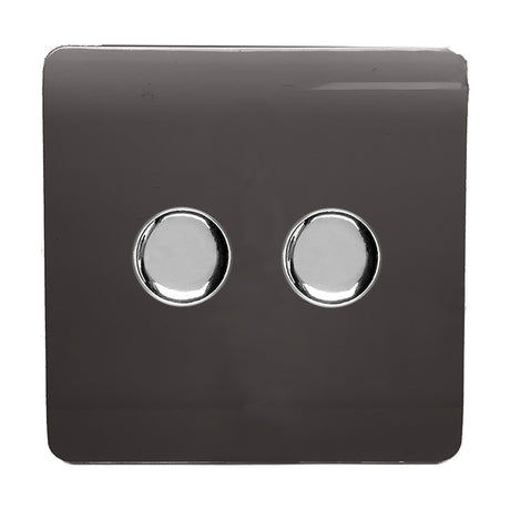 2 Gang 2 Way Dimmer Switch in dark brown, screwless square plate with two round chrome push-turn rotary knobs, shown on a plain white background.