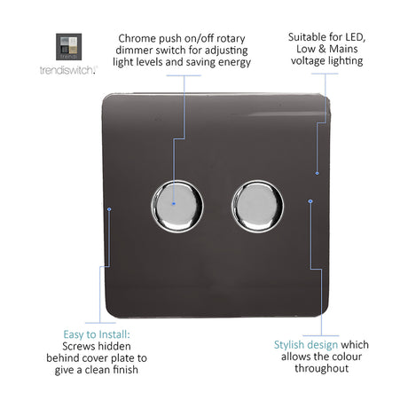 Dark brown 2 gang 2 way rotary dimmer switch with two chrome push on/off knobs, screwless flat plate, shown with labelled features on a white background.