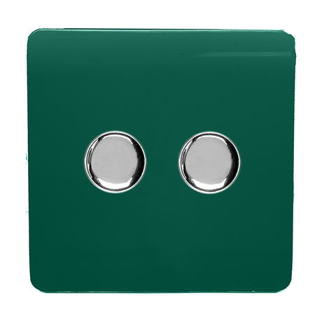 2 Gang 2 Way Dimmer Switch in Dark Green with a screwless square plate and two polished chrome rotary knobs, shown on a plain white background.