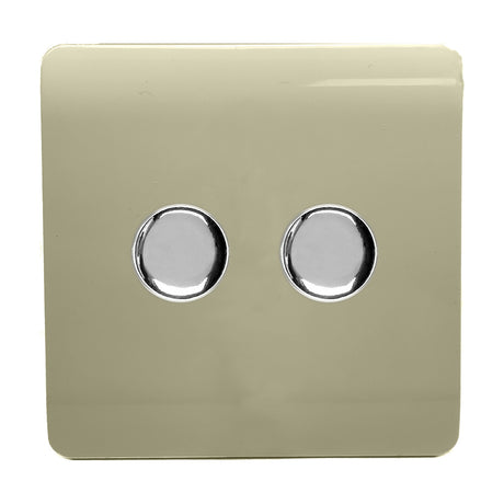 Screwless 2 gang 2 way dimmer switch in champagne gold, square plate with two round chrome knobs, shown on a plain white background.