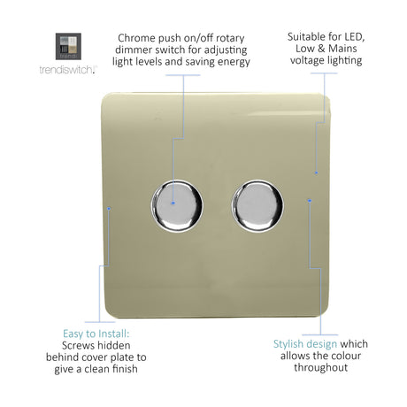 2 Gang 2 Way Dimmer Switch in champagne gold, screwless square plate with two chrome rotary knobs, annotated diagram on white background.