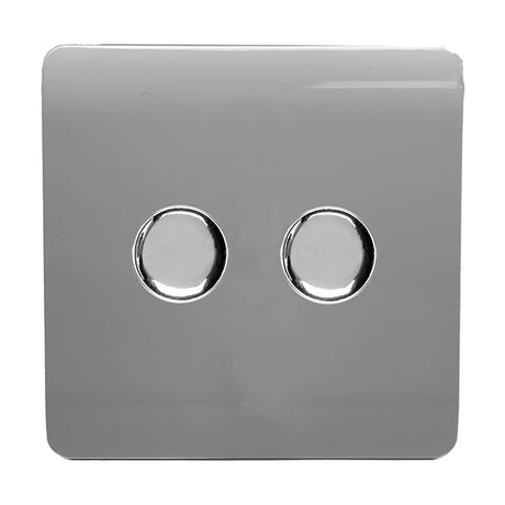 2 Gang 2 Way Dimmer Switch in light grey with a screwless square plate and two round chrome control knobs, shown on a plain white background.