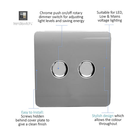 2 Gang 2 Way Dimmer Switch in light grey with screwless square plate and two chrome push on/off rotary knobs, shown with labelled feature callouts on a white background.
