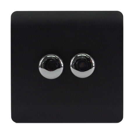 2 Gang 2 Way Dimmer Switch in Matt Black with screwless square plate and two chrome rotary knobs, shown on a plain white background.