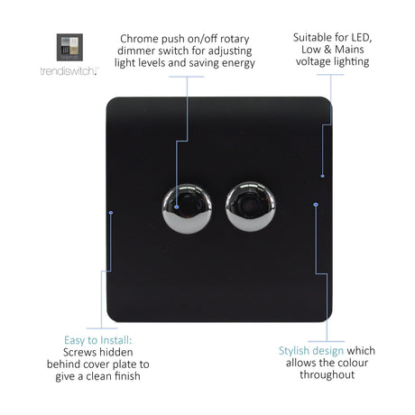 2 Gang 2 Way Dimmer Switch in matt black with two round chrome push on/off rotary controls, screwless square plate, shown on a white background with feature callouts.