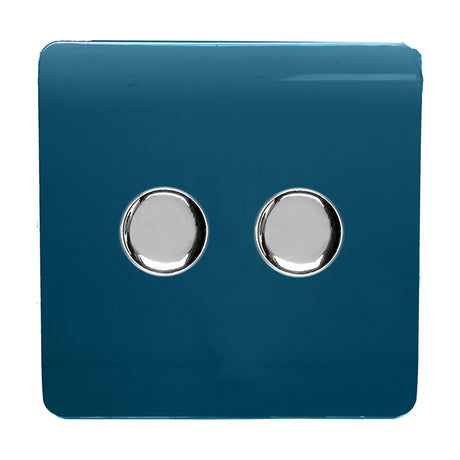 2 Gang 2 Way Dimmer Switch in Midnight Blue with a screwless polycarbonate plate and two chrome rotary knobs, shown on a plain white background.