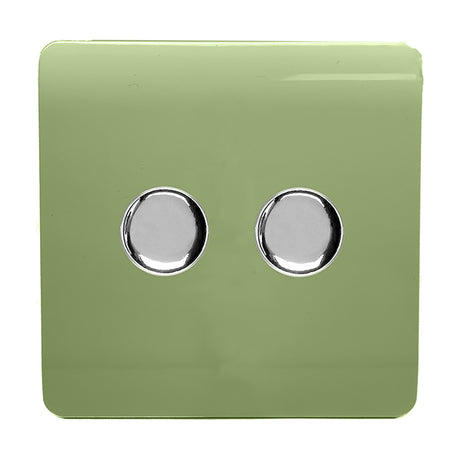 Square screwless 2 gang 2 way dimmer switch in moss green polycarbonate with two round chrome rotary knobs, shown on a plain white background.
