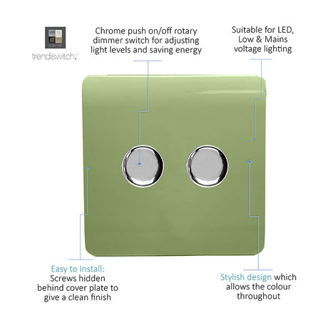 Screwless 2 gang 2 way rotary dimmer switch in moss green with chrome push on/off knobs, shown with labelled feature callouts on a white background.