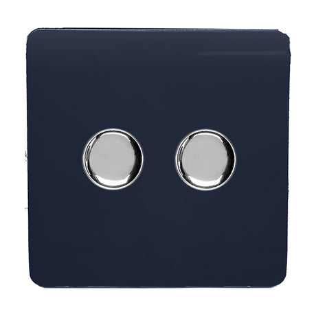 2 Gang 2 Way Dimmer Switch in Navy Blue with a flat screwless plate and two chrome rotary knobs, shown on a plain white background.