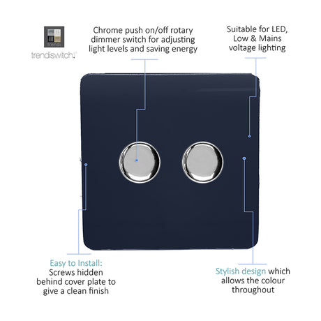 2 Gang 2 Way Dimmer Switch in navy blue with a flat screwless plate and two chrome push on/off rotary knobs, shown on a white background with labelled features.