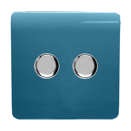 2 Gang 2 Way Dimmer Switch in Ocean Blue with a screwless square plate and two round chrome rotary knobs, shown on a plain white background.