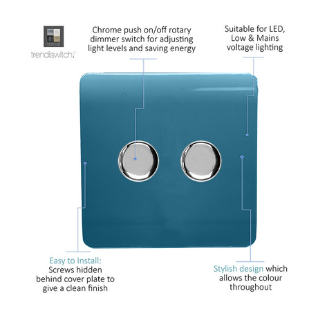 2 Gang 2 Way Dimmer Switch in Ocean Blue with screwless polycarbonate plate and two chrome push on/off rotary dimmer knobs, shown with feature callouts.