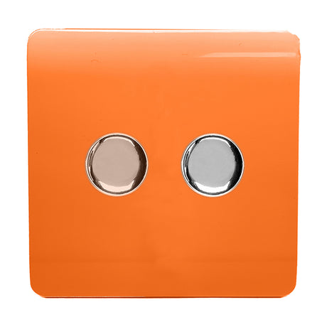 2 Gang 2 Way Dimmer Switch in orange with screwless square plate and two chrome rotary knobs, shown on a plain white background.