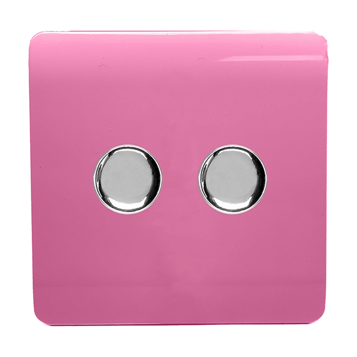 2 Gang 2 Way Dimmer Switch in pink, square screwless plate with two chrome rotary knobs, shown on a plain white background.