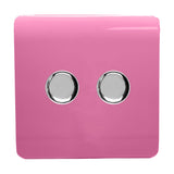 2 Gang 2 Way Dimmer Switch in pink, square screwless plate with two chrome rotary knobs, shown on a plain white background.