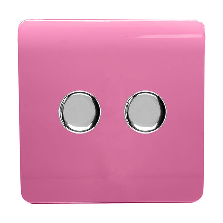 2 Gang 2 Way Dimmer Switch in pink, square screwless plate with two chrome rotary knobs, shown on a plain white background.