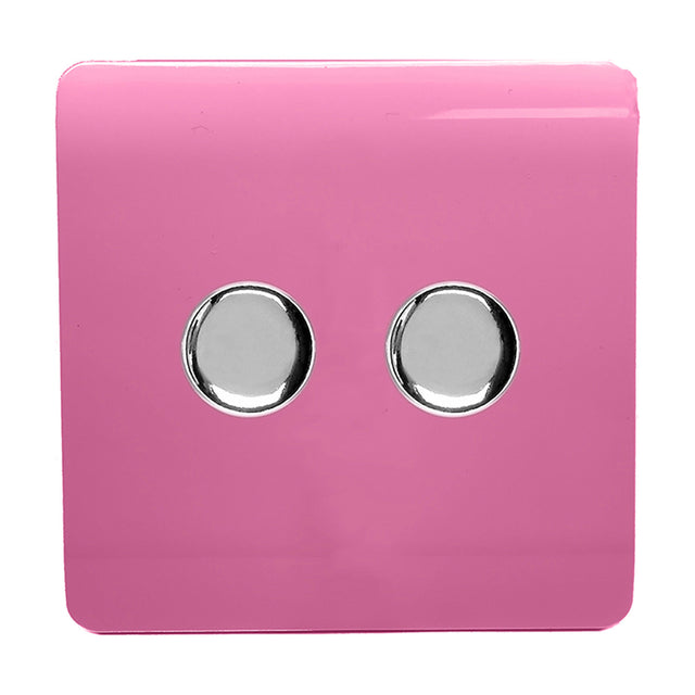 2 Gang 2 Way Dimmer Switch in pink, square screwless plate with two chrome rotary knobs, shown on a plain white background.