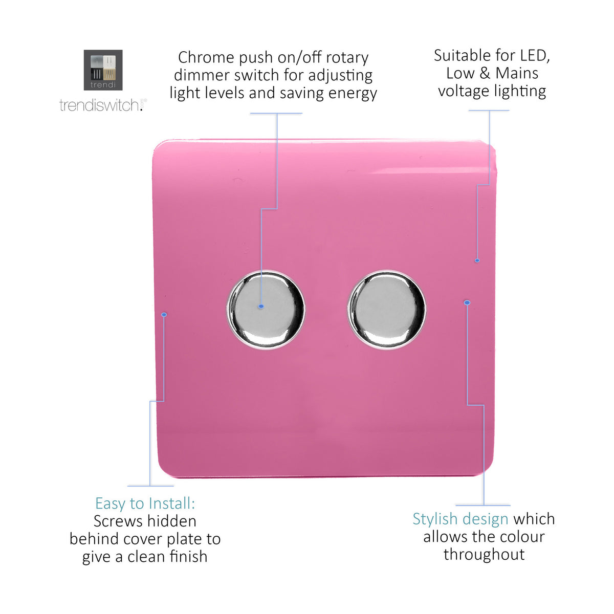 Pink 2 gang 2 way dimmer switch with a screwless square plate and two chrome rotary push on/off knobs, shown on a white background.