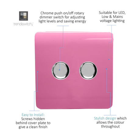 Pink 2 gang 2 way dimmer switch with a screwless square plate and two chrome rotary push on/off knobs, shown on a white background.