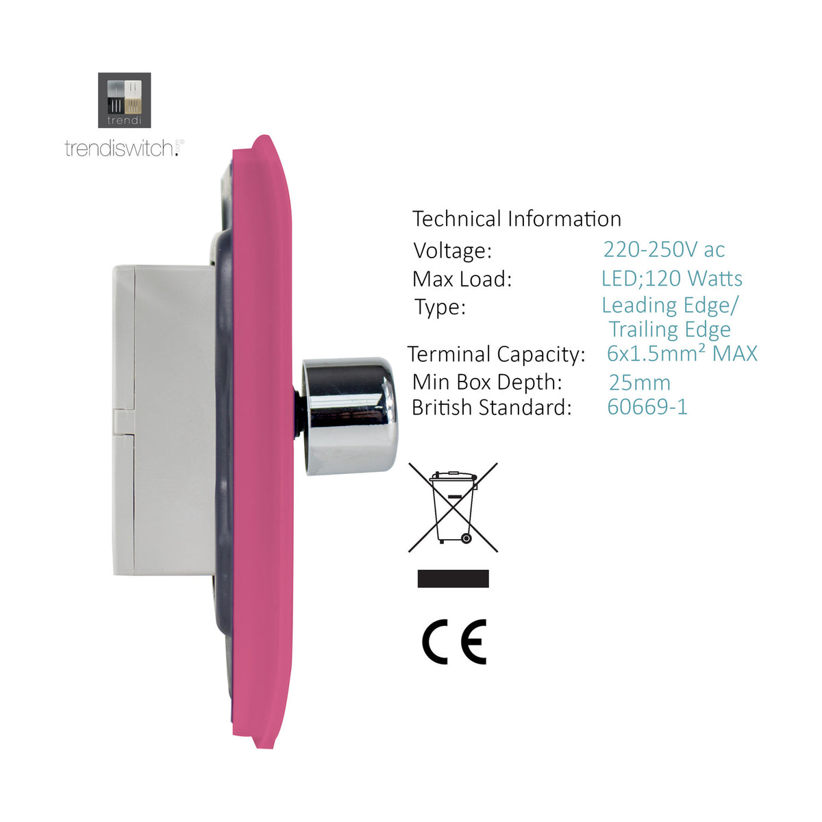 Side view of a 2 Gang 2 Way Dimmer Switch in pink with a screwless plate and protruding chrome rotary knob, shown against a white background with technical specifications listed.