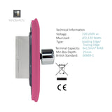 Side view of a 2 Gang 2 Way Dimmer Switch in pink with a screwless plate and protruding chrome rotary knob, shown against a white background with technical specifications listed.