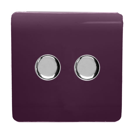 2 Gang 2 Way Dimmer Switch in plum, square screwless plate with two chrome rotary knobs, shown on a plain white background.