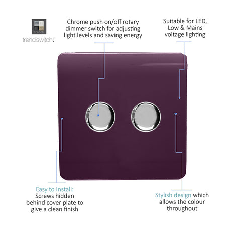 2 Gang 2 Way Dimmer Switch in plum with screwless square plate and two chrome rotary push on/off knobs, shown on a plain white background with feature callouts.