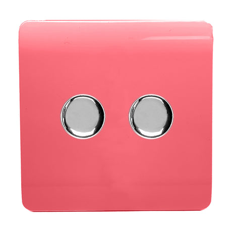 Square 2 gang 2 way dimmer switch with a strawberry pink screwless plate and two chrome rotary knobs, shown on a plain white background.