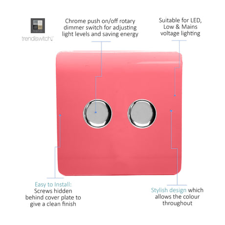 Strawberry pink 2 gang 2 way rotary dimmer switch with chrome push on/off knobs, screwless plate, shown with labelled features on a white background.