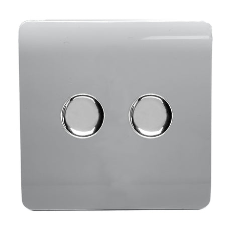 2 Gang 2 Way Dimmer Switch in Platinum Silver, a screwless square plate with two round chrome rotary knobs, shown on a plain white background.
