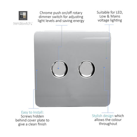2 Gang 2 Way Dimmer Switch in platinum silver with two chrome rotary push on/off knobs on a screwless square plate, shown with feature callouts on a white background.