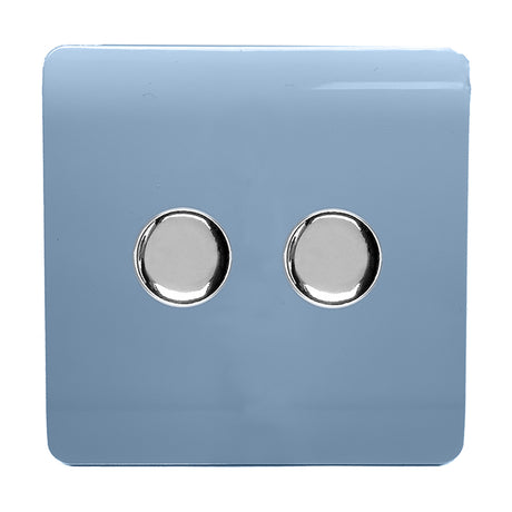Sky blue 2 gang 2 way dimmer switch with a flat screwless plate and two chrome rotary knobs, shown on a plain white background.