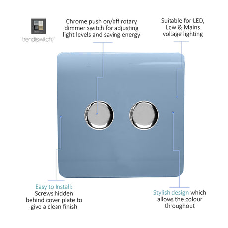Sky blue 2 gang 2 way dimmer switch with screwless flat plate and two chrome rotary push on/off knobs, shown with labelled feature callouts on a white background.